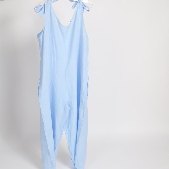 Charlie B Cropped Light Blue Linen Jumpsuit with XL - Picture 5 of 6